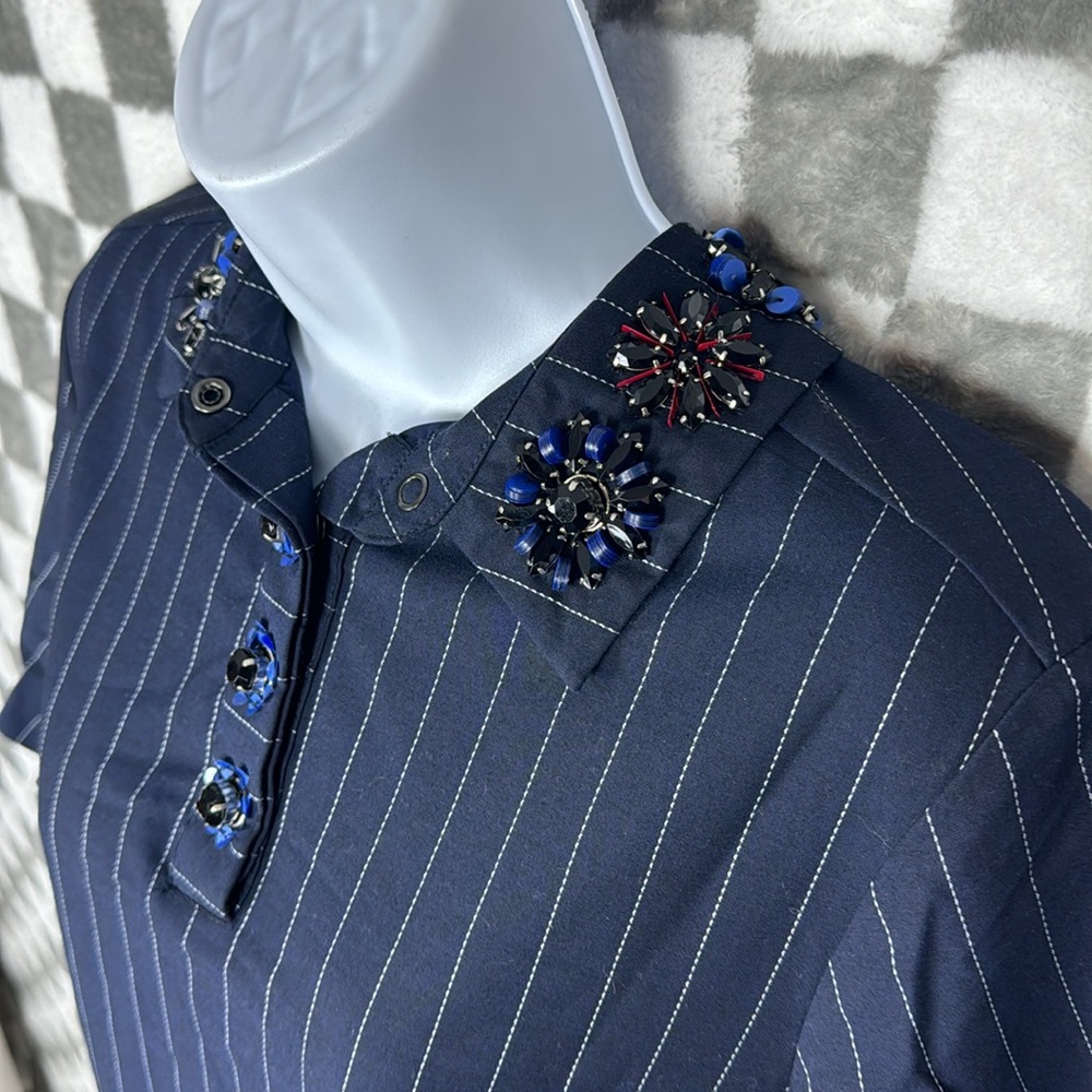 Banana Republic Pinstripe navy collared dress, rhinestone neckline pockets S - Picture 4 of 10